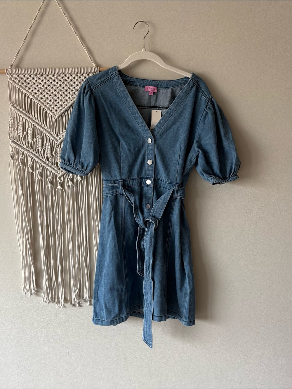 miami Blue Denim Puff Sleeve Tie-Waist Mini Dress